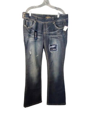 Reign Mid Rise Bootcut Jeans Womens Size 14 Distressed Whiskering Dark Wash Y2K